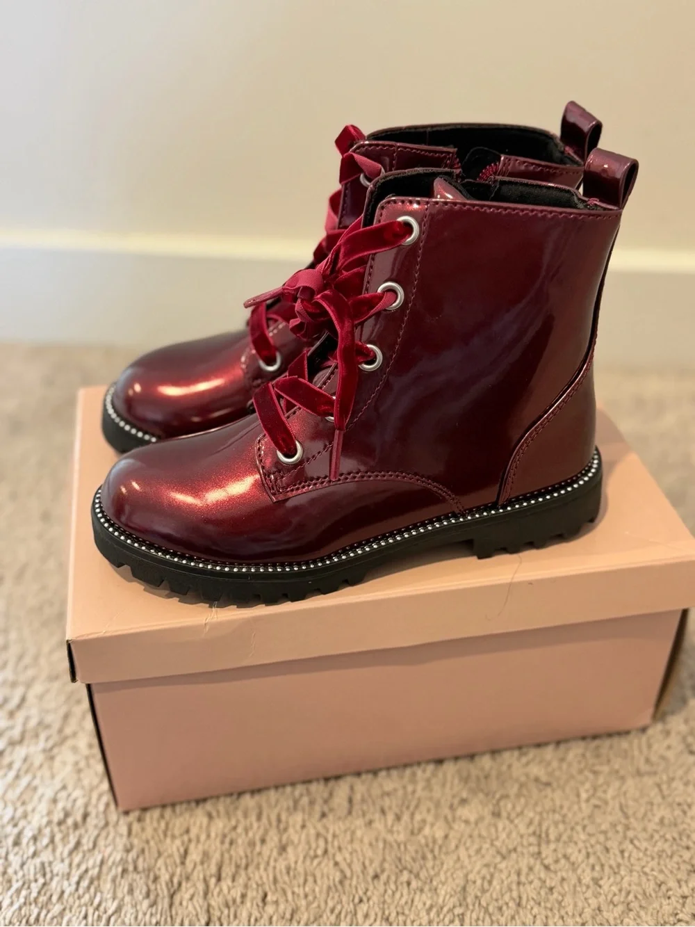 Girls Glossy Burgundy Lace-Up Combat Boots with Velvet Laces